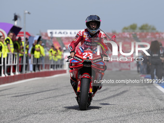 Enea Bastianini of Italy and Ducati Lenovo Team celebrate the victory of the MotoGP of Emilia Romagna at Misano World Circuit in Misano Adri...