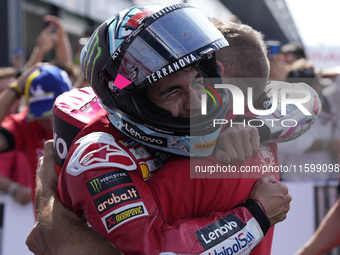 Enea Bastianini of Italy and Ducati Lenovo Team celebrate the victory of the MotoGP of Emilia Romagna at Misano World Circuit in Misano Adri...