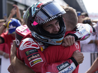 Enea Bastianini of Italy and Ducati Lenovo Team celebrate the victory of the MotoGP of Emilia Romagna at Misano World Circuit in Misano Adri...