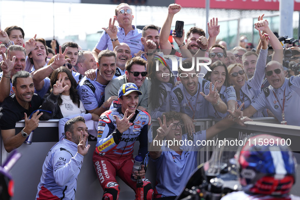 Marc Marquez of Spain and Gresini Racing MotoGP celebrate the third place scored during the race of the MotoGP of Emilia Romagna at Misano W...