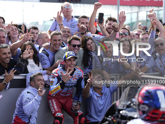 Marc Marquez of Spain and Gresini Racing MotoGP celebrate the third place scored during the race of the MotoGP of Emilia Romagna at Misano W...