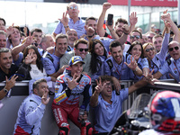 Marc Marquez of Spain and Gresini Racing MotoGP celebrate the third place scored during the race of the MotoGP of Emilia Romagna at Misano W...