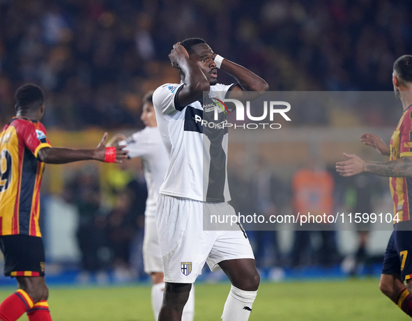 Ange-Yoan Bonny of Parma Calcio gestures during the Serie A match between Lecce and Parma in Lecce, Italy, on September 21, 2024. 