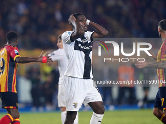 Ange-Yoan Bonny of Parma Calcio gestures during the Serie A match between Lecce and Parma in Lecce, Italy, on September 21, 2024. (