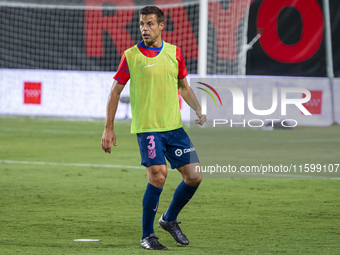 Cesar Azpilicueta of Atletico de Madrid warms up during the La Liga EA Sports 2024/25 football match between Rayo Vallecano and Atletico de...