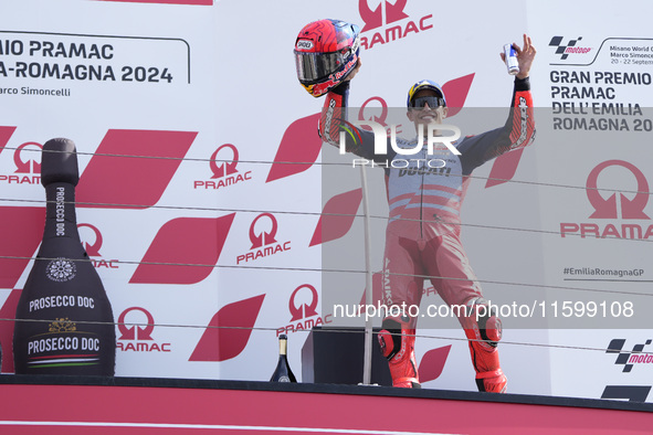 Marc Marquez of Spain and Gresini Racing MotoGP celebrate the third place scored during the race of the MotoGP of Emilia Romagna at Misano W...