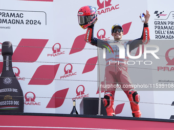 Marc Marquez of Spain and Gresini Racing MotoGP celebrate the third place scored during the race of the MotoGP of Emilia Romagna at Misano W...