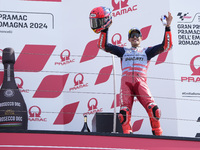 Marc Marquez of Spain and Gresini Racing MotoGP celebrate the third place scored during the race of the MotoGP of Emilia Romagna at Misano W...