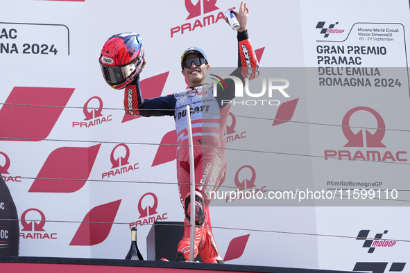 Marc Marquez of Spain and Gresini Racing MotoGP celebrate the third place scored during the race of the MotoGP of Emilia Romagna at Misano W...