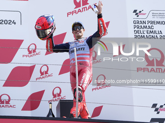 Marc Marquez of Spain and Gresini Racing MotoGP celebrate the third place scored during the race of the MotoGP of Emilia Romagna at Misano W...