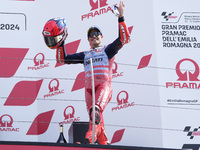 Marc Marquez of Spain and Gresini Racing MotoGP celebrate the third place scored during the race of the MotoGP of Emilia Romagna at Misano W...