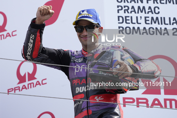 Jorge Martin of Spain and Prima Pramac Racing celebrate the second place scored during the race of the MotoGP of Emilia Romagna at Misano Wo...