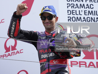 Jorge Martin of Spain and Prima Pramac Racing celebrate the second place scored during the race of the MotoGP of Emilia Romagna at Misano Wo...