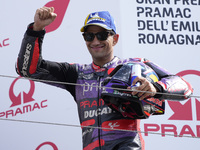 Jorge Martin of Spain and Prima Pramac Racing celebrate the second place scored during the race of the MotoGP of Emilia Romagna at Misano Wo...