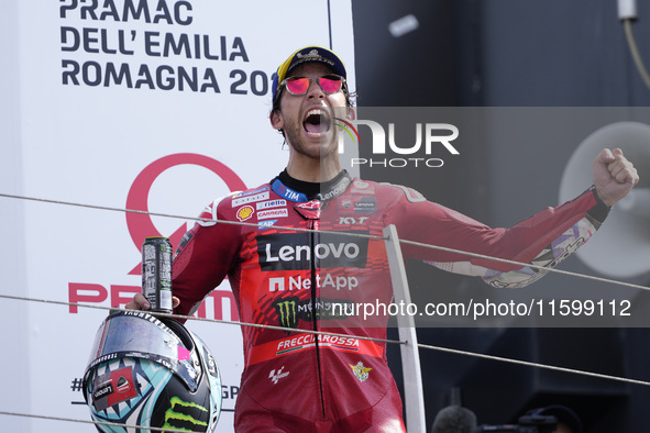 Enea Bastianini of Italy and Ducati Lenovo Team celebrate the victory of the MotoGP of Emilia Romagna at Misano World Circuit in Misano Adri...