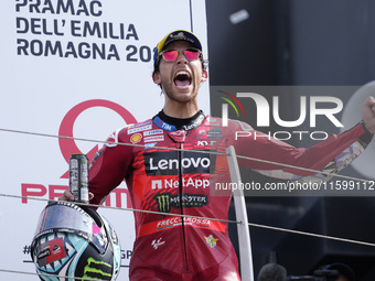 Enea Bastianini of Italy and Ducati Lenovo Team celebrate the victory of the MotoGP of Emilia Romagna at Misano World Circuit in Misano Adri...