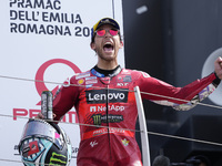 Enea Bastianini of Italy and Ducati Lenovo Team celebrate the victory of the MotoGP of Emilia Romagna at Misano World Circuit in Misano Adri...