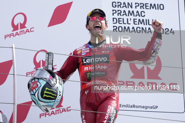 Enea Bastianini of Italy and Ducati Lenovo Team celebrate the victory of the MotoGP of Emilia Romagna at Misano World Circuit in Misano Adri...