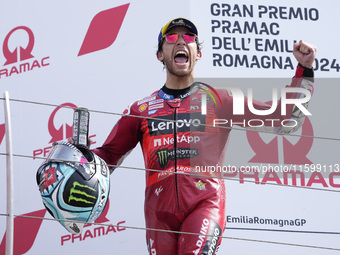 Enea Bastianini of Italy and Ducati Lenovo Team celebrate the victory of the MotoGP of Emilia Romagna at Misano World Circuit in Misano Adri...