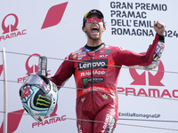 Enea Bastianini of Italy and Ducati Lenovo Team celebrate the victory of the MotoGP of Emilia Romagna at Misano World Circuit in Misano Adri...