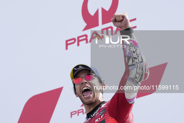 Enea Bastianini of Italy and Ducati Lenovo Team celebrate the victory of the MotoGP of Emilia Romagna at Misano World Circuit in Misano Adri...