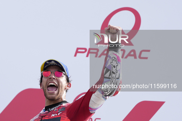 Enea Bastianini of Italy and Ducati Lenovo Team celebrate the victory of the MotoGP of Emilia Romagna at Misano World Circuit in Misano Adri...