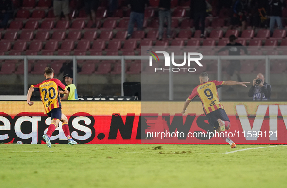 Nikola Krstovic of US Lecce celebrates a goal during the Serie A match between Lecce and Parma in Lecce, Italy, on September 21, 2024. 