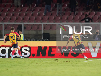 Nikola Krstovic of US Lecce celebrates a goal during the Serie A match between Lecce and Parma in Lecce, Italy, on September 21, 2024. (