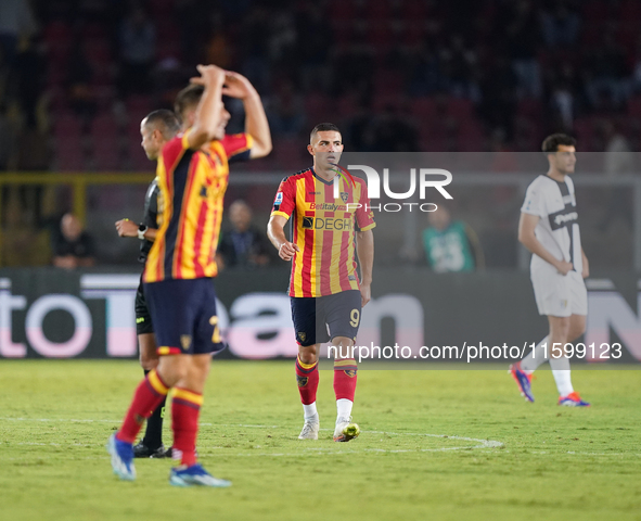 Nikola Krstovic of US Lecce celebrates a goal during the Serie A match between Lecce and Parma in Lecce, Italy, on September 21, 2024. 