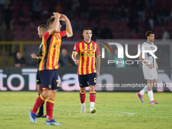 Nikola Krstovic of US Lecce celebrates a goal during the Serie A match between Lecce and Parma in Lecce, Italy, on September 21, 2024. (