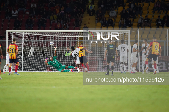 Nikola Krstovic of US Lecce scores a goal during the Serie A match between Lecce and Parma in Lecce, Italy, on September 21, 2024. 