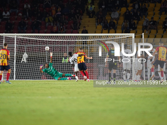 Nikola Krstovic of US Lecce scores a goal during the Serie A match between Lecce and Parma in Lecce, Italy, on September 21, 2024. (