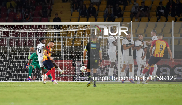 Nikola Krstovic of US Lecce scores a goal during the Serie A match between Lecce and Parma in Lecce, Italy, on September 21, 2024. 