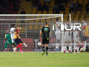 Nikola Krstovic of US Lecce scores a goal during the Serie A match between Lecce and Parma in Lecce, Italy, on September 21, 2024. (