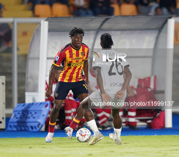 Patrick Dorgu of US Lecce is in action during the Serie A match between Lecce and Parma in Lecce, Italy, on September 21, 2024. 