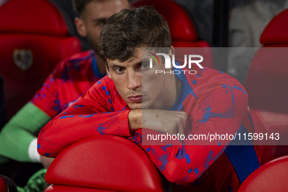 Robin Le Normand of Atletico de Madrid sits on the bench during the La Liga EA Sports 2024/25 football match between Rayo Vallecano and Atle...