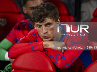 Robin Le Normand of Atletico de Madrid sits on the bench during the La Liga EA Sports 2024/25 football match between Rayo Vallecano and Atle...