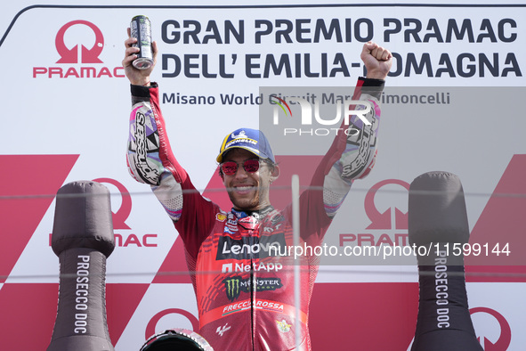 Enea Bastianini of Italy and Ducati Lenovo Team celebrate the victory of the MotoGP of Emilia Romagna at Misano World Circuit in Misano Adri...