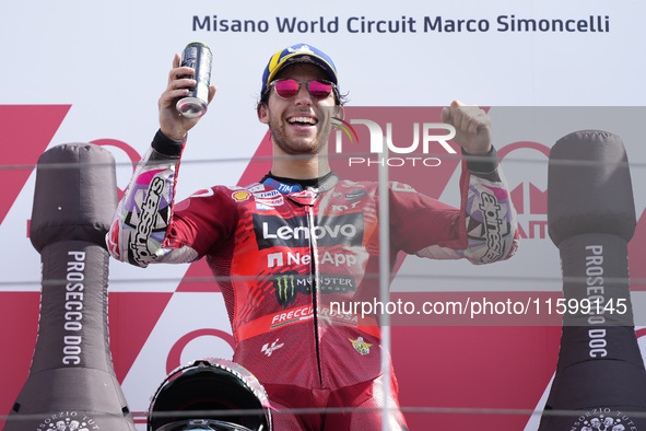 Enea Bastianini of Italy and Ducati Lenovo Team celebrate the victory of the MotoGP of Emilia Romagna at Misano World Circuit in Misano Adri...