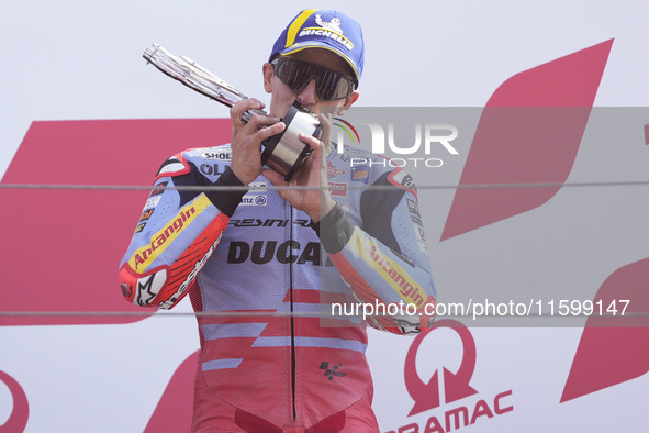 Marc Marquez of Spain and Gresini Racing MotoGP celebrate the third place scored during the race of the MotoGP of Emilia Romagna at Misano W...