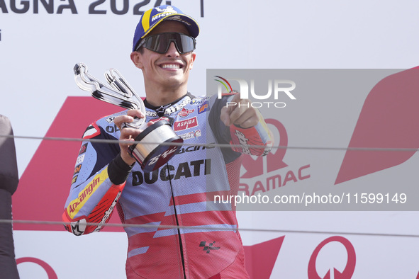 Marc Marquez of Spain and Gresini Racing MotoGP celebrate the third place scored during the race of the MotoGP of Emilia Romagna at Misano W...