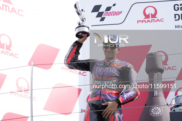 Jorge Martin of Spain and Prima Pramac Racing celebrate the second place scored during the race of the MotoGP of Emilia Romagna at Misano Wo...