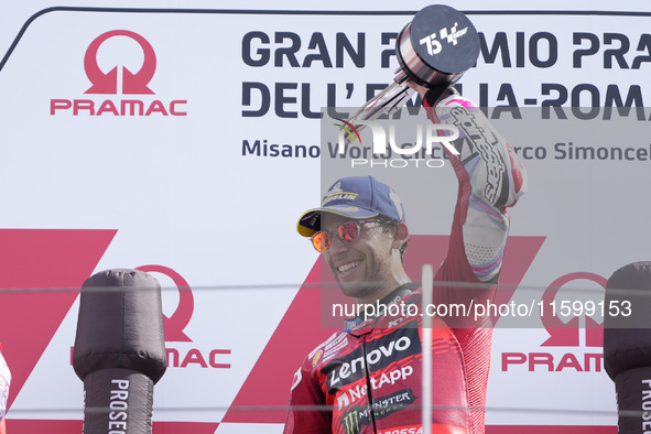 Enea Bastianini of Italy and Ducati Lenovo Team celebrate the victory of the MotoGP of Emilia Romagna at Misano World Circuit in Misano Adri...