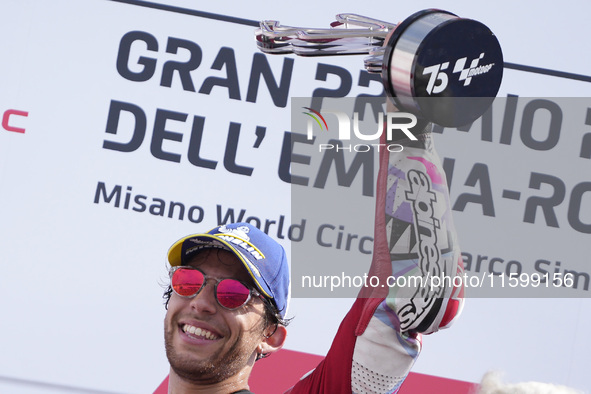 Enea Bastianini of Italy and Ducati Lenovo Team celebrate the victory of the MotoGP of Emilia Romagna at Misano World Circuit in Misano Adri...