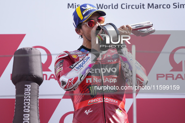 Enea Bastianini of Italy and Ducati Lenovo Team celebrate the victory of the MotoGP of Emilia Romagna at Misano World Circuit in Misano Adri...