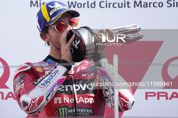 Enea Bastianini of Italy and Ducati Lenovo Team celebrate the victory of the MotoGP of Emilia Romagna at Misano World Circuit in Misano Adri...