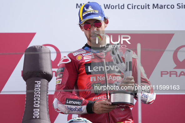 Enea Bastianini of Italy and Ducati Lenovo Team celebrate the victory of the MotoGP of Emilia Romagna at Misano World Circuit in Misano Adri...