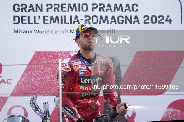 Enea Bastianini of Italy and Ducati Lenovo Team celebrate the victory of the MotoGP of Emilia Romagna at Misano World Circuit in Misano Adri...