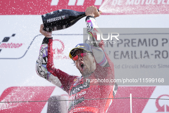 Enea Bastianini of Italy and Ducati Lenovo Team celebrate the victory of the MotoGP of Emilia Romagna at Misano World Circuit in Misano Adri...