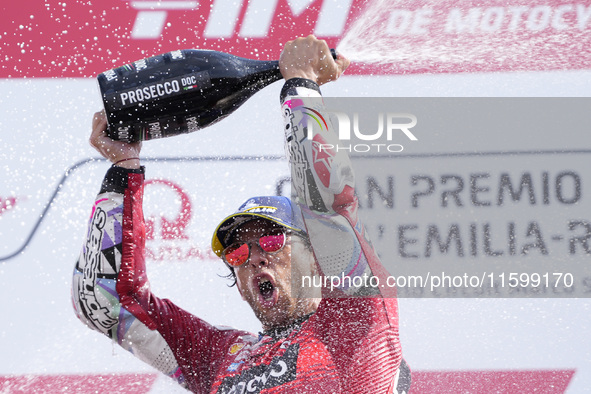 Enea Bastianini of Italy and Ducati Lenovo Team celebrate the victory of the MotoGP of Emilia Romagna at Misano World Circuit in Misano Adri...